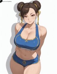 1girls ai_generated armpit_crease arms_behind_back bare_shoulders breasts brown_eyes brown_hair capcom chun-li closed_mouth collarbone crop_top double_bun earrings female gym_shorts hair_ornament hi_res high_quality high_resolution highres jewelry large_breasts leaning_forward light lips looking_at_viewer midriff navel nose opal_nemy patreon_logo patreon_url patreon_username plain_background self_upload shadow shiny shiny_clothes shiny_hair shiny_skin short_hair simple_background solo standing street_fighter street_fighter_6 thick_thighs thighs watermark white_background wide_hips