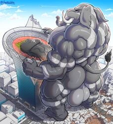 5_fingers 5_toes abs anthro arm_tattoo back_tattoo balls biceps biped building building_destruction building_penetrated building_sex city city_background city_crushing city_destruction cityscape crush darkai destruction eidos_(pyronite) elephant elephantid erection extreme_size_difference feet fingers footprint genitals grey_body hi_res house humanoid_feet humanoid_genitalia humanoid_hands humanoid_penis landscape_dwarfing leg_tattoo macro macro_anthro macro_male male male_only mammal muscular muscular_anthro muscular_male nude outside pecs penetration penile penis plantigrade proboscidean proboscis_(anatomy) rampage size_difference sky smile solo stadium stomping tail tattoo toes tusks vein veiny_penis