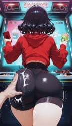 ai_art ai_assisted ai_generated arcade arcade_machine ass_ripple big_ass cellphone curly_hair dat_ass drink high_waisted_shorts holding_object hoodie impact_lines large_ass nstash pov_hands smacking_ass spandex_shorts spanked spanked_butt spanking thick_thighs