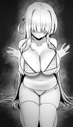 1girl alternate_breast_size_(larger) bikini bikini_pull blush bocchi_the_rock! breasts cleavage clothes_pull cube_hair_ornament facing_viewer gotou_hitori greyscale hair_ornament hair_over_eyes huge_breasts kneeling long_hair monochrome nago_purin one_side_up simple_background solo striped_bikini striped_clothes sweat swimsuit thighhighs very_long_hair