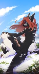 2026 absurd_res animal_genitalia anthro balls biped canid canine canis claws cloud day digital_drawing_(artwork) digital_media_(artwork) erection feet fingers front_view fur genitals hair hi_res looking_at_viewer magenta7 male mammal nude nude_anthro nude_male outside penis sheath sitting sky smile snow solo tail teeth toes winter wolf