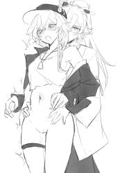 2girls baseball_cap birthday bottomless chinese_commentary commentary fu_hua fu_hua_(azure_empyrea) greyscale hair_ornament hair_stick hands_on_another's_waist haruka_(rsyaooooo) hat herrscher_of_sentience highres honkai_(series) honkai_impact_3rd jacket long_hair monochrome multiple_girls navel open_mouth pussy shaved_pussy shirt single_off_shoulder thigh_strap yuri