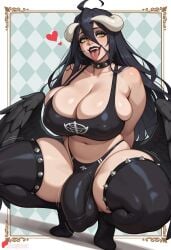 (overlord) ahoge ai_generated albedo arms at back behind between black bra breasts cleavage collar covered cute demon erection eyes feathered feathers female freckles futanari girl hair heart horns huge huge_ass huge_breasts juswa large_ass large_breasts long looking low mouth navel nipples open out panties penis solo spiked spikes sports squatting teeth thicc thick thick_thighs thighhighs thighs tongue underwear viewer white wings yellow