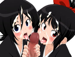 black_hair bleach blue_eyes censored cum cum_on_face double_facial kuchiki_rukia mosaic_censoring red_eyes ribbon senna_(bleach) unseen_male_face