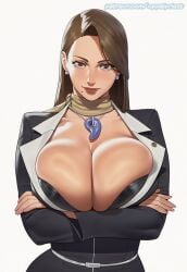 ai_generated beauty_mark big_breasts breast_focus breasts brown_eyes brown_hair cleavage clothed clothed_female female female_focus female_only gyakuten_saiban huge_breasts lips mature mature_female mia_fey necklace necklace_between_breasts oppaipriest scarf solo solo_female solo_focus suit tight_clothing upper_body voluptuous voluptuous_female