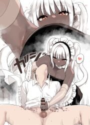 1boy 1girls :3 absurdres apron armpit_fetish armpits bar_censor bare_shoulders breasts censored cleavage closed_mouth commentary_request dark-skinned_female dark_skin erection face_in_armpit female handjob heart highres large_breasts light-skinned_male light_skin long_hair maid maid_apron maid_headdress motion_lines orange_eyes original penis smelling smelling_armpit smile sniffing_armpit sound_effects spoken_heart steaming_body straight sunaba_suzume waist_apron white_apron white_hair