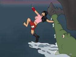 barefoot black_hair boot captain_hook comeuppance damsel_in_distress embarrassed_underwear_female female_prey foot genderswap_(mtf) green_eyes hole_in_pants hook hook_hand midriff midriff_baring_shirt mshook panties panties_visible_through_clothing peril peter_pan_(disney) pirate rule_63 single_bare_foot single_shoe single_sock socks tick-tock tick_tock_crocodile torn_pants torn_shirt villainess vore vore_peril water white_panties