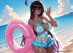 2025 ai_generated anime bangs bare_shoulders beach black_hair blue_archive blue_sky breasts cleavage cloud collarbone covered_navel covered_nipples crossover dark-skinned_female dark_skin day eye_contact female female_focus female_only frills gradient_hair halo highres holding holding_innertube huge_breasts innertube karin_(blue_archive) karin_\\\\\\\\(blue_archive\\\\\\\\) large_breasts long_hair looking_at_viewer multicolored_hair nsfw ocean one-piece_swimsuit outdoors parted_lips patreon rognezart see-through sky solo swimsuit thick_thighs thighs very_long_hair water waving wet yellow_eyes