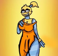 1futa big_breasts big_penis big_thighs dress eyelashes futanari hand_on_breast hoola huge_cock my_singing_monsters orange_dress ponytail smiling visible_penis yellow_background yellow_body