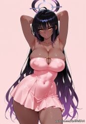 2025 ai_generated alternate_costume anime armpits arms_behind_head arms_up bangs bare_shoulders black_hair blue_archive blush breasts cleavage collarbone covered_navel covered_nipples crossover dark-skinned_female dark_skin dress eye_contact female female_focus female_only flushed gradient_hair hair_between_eyes halo highres huge_breasts karin_(blue_archive) karin_\\\\\\\\(blue_archive\\\\\\\\) large_breasts lips long_hair looking_at_viewer multicolored_hair nsfw o-ring parted_lips patreon pink_background pink_dress purple_hair rognezart short_dress simple_background skindentation solo strapless strapless_dress sweat sweaty thick_thighs thighs very_long_hair yellow_eyes