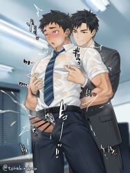 2boys aroused artist_name biceps big_penis black_hair blurry_background blush ceiling ceiling_light censor_bar censored censored_penis cum cum_drip cum_explosion cum_fountain cum_on_penis cum_splatter cum_string duo ebitendon ejaculation erection foreskin foreskin_folds frenulum fully_clothed gay grabbing_from_behind hands-free hands_behind_head hi_res hypnosis hypnotic_eyes indoors male male/male male_only mature_male moaning muscles muscular muscular_arms muscular_male musk musk_clouds necktie nipple_play office orgasm original original_character penis penis_out pinching_nipples pink_eyes pointless_censoring retracted_foreskin see-through semen short_hair smile standing steam steaming_body suit sweat sweatdrop swirly_eyes thick_cum thick_penis torakitchen torakitchen_(ebitendon) translucent_clothing uncircumcised uncut unzipped wet wet_clothes white_shirt yaoi zipper_down zipper_pull_tab