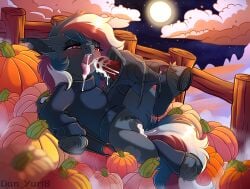 ahe_gao alternate_character alternate_version autumn bat_ears bat_pony bat_wings bedroom_eyes blush chest_fluff clothes cloud colored commission cum cum_in_mouth cum_in_pussy disembodied_penis ears_back female female_focus fence field flat_colors fog friendship_is_magic genitals halloween halloween_2025 holiday lying_down mlp_g4 moon my_little_pony night nudity oc offscreen_character open_mouth oral oral_creampie outdoor_sex outdoors penis pony pumpkin sex smiling solo_focus tongue_out underhoof vaginal_creampie vulva wing_hands wings yuris_(artist)