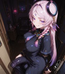 1futa ai_generated breasts bulge_under_clothes citlali_(genshin_impact) futa_only futanari genshin_impact light-skinned_futa night niraniri penis pink_hair solo
