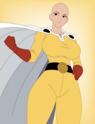 arms_up artvi bald belt black_belt bodysuit buckle cape cleavage clenched_fist confident curvy dynamic_pose explicit fanart female female_saitama fist gloves gold_belt green_eyes hero_costume highres huge_breasts long_sleeves looking_at_viewer massive_breasts nsfw one-punch_man one_punch_man original plump red_gloves shaved_head skin_tight smile smirk solo standing superhero tagme thick_thighs very_large_breasts white_cape wide_hips yellow_bodysuit