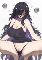arms_at_sides bare_shoulders black-framed_eyewear black_dress black_hair black_panties breasts cleavage clothes_lift colored_inner_hair commentary_request covered_nipples dildo dildo_under_clothes dildo_under_panties dress dress_lift drooling excessive_pubic_hair female female_masturbation female_pubic_hair floating_skull glasses gobi_(jtnyrwbkohiqsuldg) goddess_of_victory:_nikke hair_over_one_eye heart highres label_(nikke) large_breasts long_hair looking_at_viewer masturbation mojyo mole mole_on_breast multicolored_hair multiple_moles navel navel_peek one_eye_covered open_mouth paid_reward_available panties pubic_hair pubic_hair_peek purple_eyes purple_hair pussy_juice rolling_eyes saliva see-through_clothes see-through_dress sex_toy shaded_face simple_background sleeveless sleeveless_dress solo spaghetti_strap spread_legs squatting thong tiptoes tongue tongue_out twitching two-tone_hair underwear variant_set very_long_hair white_background