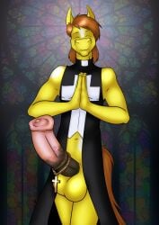 2026 animal_genitalia animal_penis anthro balls big_balls big_penis biped brown_hair christianity closed_eyes clothed clothing cross danaume equid equine equine_genitalia equine_penis erection eyebrows flared_penis front_view genitals hair hi_res horse huge_cock hyper hyper_genitalia hyper_penis male mammal medial_ring mouth_closed navel no_underwear partially_clothed penis praying_hands priest priest_robes religion sacrilegious short_hair skimpy solo standing