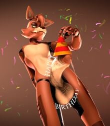 3d_(artwork) 5_fingers animatronic anthro balls big_balls big_penis bodily_fluids brown_background brown_hair canid canine clothing confetti digital_media_(artwork) dripping dutch_angle english_text erection fan_character fangs fingers five_nights_at_freddy's fox genital_fluids genitals gradient_background hair happy_birthday hat headgear headwear hi_res humanoid_genitalia humanoid_penis looking_at_viewer looking_down looking_down_at_viewer low-angle_view machine male mammal party_hat pecs penis precum precum_drip robot robot_anthro scarlet_(doctorpurple2000) scottgames sharp_teeth short_hair simple_background smile smiling_at_viewer solo source_filmmaker_(artwork) teeth text vein veiny_penis wide_hips yellow_eyes zelyonka