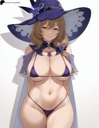 1girls ai_generated arms_behind_back bangs bikini breasts brown_hair closed_mouth curvy eyebrows_visible_through_hair female gem genshin_impact hair_between_eyes hair_flower hair_ornament hat hi_res high_quality high_resolution highres hoyoverse huge_breasts light lips lisa_(genshin_impact) midriff navel nose opal_nemy patreon_logo patreon_url patreon_username plain_background purple_bikini purple_headwear self_upload shadow shiny shiny_clothes shiny_hair shiny_skin simple_background smile solo standing swimsuit thick_thighs thighs watermark white_background witch_hat