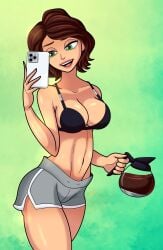 1girls big_breasts big_hero_6 black_bra bottomwear bra breasts brown_hair cass_hamada cleavage coffee female female_only green_eyes hair holding_object holding_phone jumpdriiver marvel mature mature_female mature_woman milf phone selfie short_shorts shorts smile solo solo_female thighs topwear white_shorts