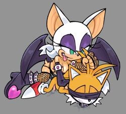 1boy 1boy1girl 1girls anal anal_sex ball_gag blindfold boots bracelet dominatrix dubious_consent elbow_gloves femdom fishnet_legwear fishnets happy_dom high_heel_boots high_heels male_penetrated malesub miles_tails_prower pegging pegging_male penetration rexuranus rouge_the_bat size_difference sonic_(series) sonic_the_hedgehog_(series) spikes strap-on tails_the_fox tongue_out wings