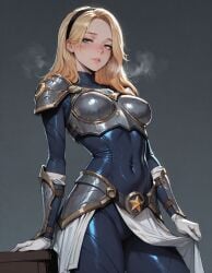 1girls ai_generated arm_guards black_headband blonde_hair blue_bodysuit blush bodysuit boobplate faulds female gloves headband league_of_legends looking_at_viewer luxanna_crownguard riot_games solo standing steam tight_clothing waifuforgeai white_gloves
