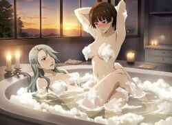 ai_generated bath bathroom blush braided_hair brown_hair bubbles candles convenient_censoring covered_nipples grey_hair hairclip hands_behind_head incest lap_sitting makoto_niijima navel persona persona_(series) persona_5 red_eyes riding sae_niijima scissoring sister sister_and_sister sisters suds sunset teenager tribadism yuri