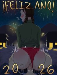 1boy 1girls 2026 adelita_(noxshade) anal anal_sex background_character blush braids brown_hair clothed clothed_sex cold fireworks grabbing_ass green_sweater happy_new_year latina looking_at_viewer motion_blur motion_lines night noxshade original_character panties_aside pov public_sex text