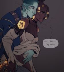 1boy arcane:_league_of_legends armor bare_shoulders blush body_markings breasts cheekbones cleavage closed_eyes clothed_sex collarbone colored_skin colored_veins cooperative_grinding couple dark-skinned_female dark_skin detached_sleeves dreadlocks dress dry_humping english_commentary english_text female fish_boy from_side glitter glitter_makeup glowing glowing_tattoo glowing_veins gold_armor gold_tattoo green_skin grey_background grinding hair_ornament hair_up hat high_collar highres humping league_of_legends leaning_forward leaning_on_person long_sleeves looking_down medium_breasts mel_(league_of_legends) panties pants parted_lips pointy_ears police police_uniform see-through_cleavage see-through_clothes sex sex_from_behind shade shoulder_plates speech_bubble steb_(arcane) straight sweat tattoo teamwork_(sexual) underwear very_dark_skin wet wet_clothes white_dress white_panties wide_sleeves yourknightshand