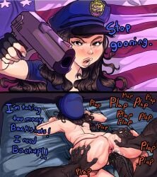 1boy 1girls 2_panel_comic american_flag big_penis brown_hair butthole calling_for_help cum_bubble dark-skinned_male dark_skin dialogue doggy_style english_text face_down_ass_up female female_focus instant_loss instant_loss_2koma interracial june_lapine light-skinned_female looking_at_viewer motion_lines mr.sir_69 on_bed plap plap_(sound) pointing_gun_at_viewer police police_hat police_officer police_uniform policewoman politics self_upload sex shoe0nhead straight text top-down_bottom-up veiny_arms veiny_penis youtuber_girl