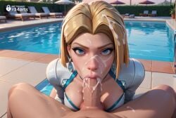 1boy 1boy1girl 1girls ai_generated blonde_hair blowjob blue_eyes breasts cleavage clothed_female_nude_male cum cum_in_mouth cum_on_hair earrings emma_frost emma_frost_(marvel_rivals) erection facial fellatio female forehead hellfire_club hi_res jewelry lips looking_at_viewer makeup marvel marvel_comics marvel_rivals nose nude oral outdoors patreon_logo patreon_username penis pool pov r34arts short_hair solo_focus straight uncensored veins veiny_penis water white_queen
