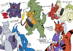 charmeleon crossover digimon dreiker elecmon flamedramon gargomon gengar growlmon gumdramon male mewtwo multiple_males nintendo no_humans penis pokemon pokemon_(species) raichu tyranitar yaoi