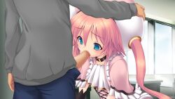 1boy aqua_eyes blue_eyes blush censored choker collar fellatio female game_cg genseishinki_sacred_virth hand_on_another's_head hat large_variant_set long_hair mosaic_censoring non-web_source official_art oral penis penis_out pink_hair raziel_(sacred_virth) solo_focus straight twintails variant_set window yuugure_pairo