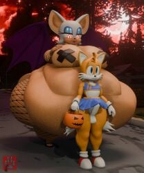 1boy 1girls 3d 3d_(artwork) anthro areola_slip areolae ass balls bat bat_wings belly blonde_hair blue_eyes blue_eyeshadow breasts candy_bucket canine canine_humanoid crossdressing erection eyelashes fangs fat fat_fetish female fishnet_legwear fishnets furry gloves halloween halloween_costume hips hyper hyper_ass large_ass large_breasts looming looming_over male miles_tails_prower miniskirt mobian_(species) mostly_nude mostly_nude_female obese obese_female overweight overweight_female pasties penis red_eyes rouge_the_bat sega skirt sonic_(series) sonic_the_hedgehog_(series) stomach tails_the_fox thick_thighs thighs vep125 weight_gain white_hair wide_hips x_pasties