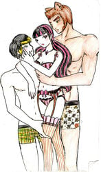 1girls 2boys amber_eyes black_hair blonde_hair blue_eyes brown_hair clawd_wolf draculaura ear_piercing earrings jackson_jekyll lingerie looking_at_another looking_at_viewer monster_high red_hair threesome topless_male two_tone_hair underwear_only vampire violet_eyes werewolf white_background wolf_ears