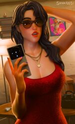 1female 1girls 3d arm_raised arm_up black_hair black_hair_female blush breasts brown_eyes cleavage colored_nails dress epic_games eyewear female female_only fortnite fortnite:_battle_royale glasses gold_jewelry hand_behind_head holding_object holding_phone jewelry light-skinned_female light_skin lipstick long_hair looking_at_phone mirror_selfie nail_polish necklace onyx_winter_(fortnite) open_mouth painted_nails phone purple_nail_polish purple_nails red_clothing red_dress red_lipstick selfie shadow1_c solo solo_female standing tinted_eyewear tinted_glasses