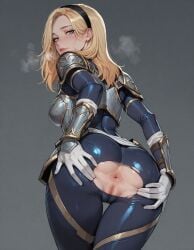 1girls ai_generated anus arm_guards ass ass_focus black_headband blonde_hair blue_bodysuit blush bodysuit boobplate faulds female from_behind gloves headband league_of_legends looking_at_viewer luxanna_crownguard pussy riot_games solo spread_ass steam tight_clothing torn_clothes vagina waifuforgeai white_gloves