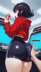 ai_art ai_assisted ai_generated arcade arcade_machine ass_ripple big_ass cellphone curly_hair dat_ass drink emotionless emotionless_female high_waisted_shorts holding_object hoodie impact_lines large_ass nstash pov_hands smacking_ass spandex_shorts spanked spanked_butt spanking thick_thighs