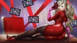 1girls ann_takamaki ann_takamaki_(panther) ass back back_view backboob background black_boots blonde_hair blue_eyes bodysuit boots breasts cleavage clothing ear_piercing earrings fake_tail female female_only footwear gloves hair heels high_heel_boots high_heels holding_object latex latex_bodysuit latex_clothing latex_gloves legs looking_back on_side persona persona_5 pink_gloves red_bodysuit rondeu smile solo solo_female tail thigh_boots thighs