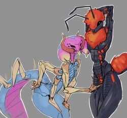 absurd_res anthro arthropod big_tail black_body black_eyes blue_body compound_eyes duo exoskeleton female female/female fur_collar genitals grey_background hair heart_eyes heart_symbol hi_res hymenopteran insects mandibles multi_arm multi_eye multi_limb pink_face presenting presenting_armpit presenting_vulva red_hair scolopendra scolopendra_girl_(sun_bug) simple_background sun_bug tail velvet_ant velvet_ant_(sun_bug) vulva wasp