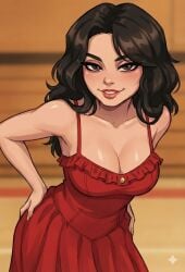 ai_generated brown_hair cleavage disney disney_channel gabriella_montez gemini gymnasium high_school_musical_(series) red_dress