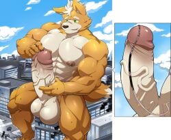 absurd_res anthro balls bodily_fluids building canid canine city cock_vore digital_media_(artwork) erection fox fox_mccloud genital_fluids genitals green_eyes hi_res inside_penis internal macro maldu male male_pred mammal masturbation multiple_prey muscular muscular_male nintendo orange_body penile penis precum sitting solo star_fox urethra urethral vore