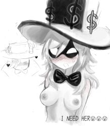 artful_(die_of_death) artistry_(die_of_death) bare_chest black_and_white blush bow breasts die_of_death_(roblox) female grayscale masked_female mtf_transformation nipples orchestraful_(die_of_death) simple_background sketch top_hat white_background white_hair