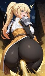 ai_generated back_view big_ass big_thighs blonde_hair darkness_(konosuba) fart fart_cloud fart_fetish farting_in_face fat_ass gassy kono_subarashii_sekai_ni_shukufuku_wo! leggings stinky tight_clothing