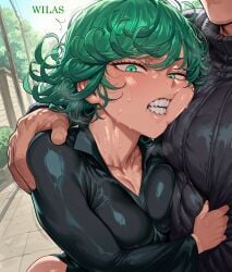 ai_generated green_eyes green_hair looking_at_viewer one-punch_man shiny_skin tatsumaki teeth thick_thighs tsundere wide_hips wilas