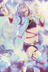 concert crop_top femboy gold_(metal) gold_bracelet gold_jewelry gold_tooth idol idol_clothes laan_psice limel microphone oc purple_eyes purple_hair revealing_clothes sfw solo solo_focus solo_male stockings tattoo winking_at_viewer