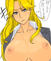 angry areolae blonde_hair blue_eyes breasts earrings female huge_breasts jewelry kimura_kaere large_breasts long_hair looking_at_viewer mamelove nipples open_clothes open_shirt sayonara_zetsubou_sensei shirt simple_background solo sweat text translated white_background