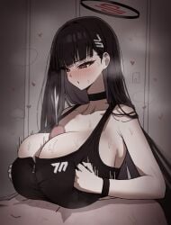 1girls big_breasts black_hair blue_archive blush changing_room dotthebot duplicate ejaculation halo light-skinned_female light-skinned_male light_skin millennium_science_school_student paizuri paizuri_under_clothes penis red_eyes rio_(blue_archive) seminar_(blue_archive) sports_bra sweaty_breasts zipper