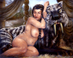 2007 black black_hair braid breasts closed_eyes dwarf dwarf_female feline female gwendraeth human looking_at_viewer nipples nude saberteeth stripes tiger warcraft world_of_warcraft yellow_eyes