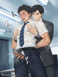 2boys aroused artist_name biceps big_penis black_hair blurry_background blush ceiling ceiling_light censor_bar censored censored_penis duo ebitendon erection foreskin foreskin_folds frenulum fully_clothed gay grabbing grabbing_breasts grabbing_from_behind hands_behind_head hi_res hypnosis hypnotic_eyes indoors male male/male male_only mature_male muscles muscular muscular_arms muscular_male musk musk_clouds necktie office original original_character penis penis_out pink_eyes pointless_censoring retracted_foreskin see-through short_hair smile standing steam steaming_body suit sweat sweatdrop swirly_eyes thick_penis tongue_out torakitchen torakitchen_(ebitendon) translucent_clothing uncircumcised uncut unzipped wet wet_clothes white_shirt yaoi zipper_down zipper_pull_tab