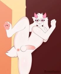 anthro anus balls bovid caprine deltarune digital_media_(artwork) eyewear femboy fluffy fur genitals glasses goat hair hemelarix hi_res horn looking_at_viewer male mammal nude pawpads paws penis presenting raised_leg ralsei simple_background smile solo tail undertale_(series) white_body white_fur